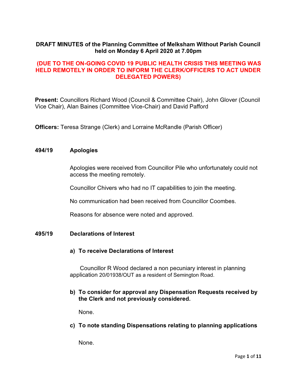 DRAFT MINUTES of the Planning Committee of Melksham Without Parish Council Held on Monday 6 April 2020 at 7.00Pm (DUE to THE