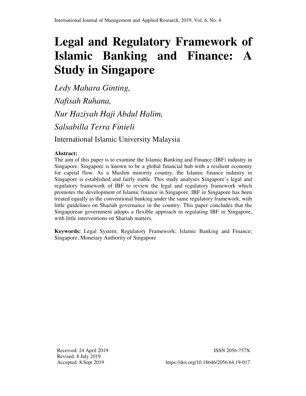 Legal and Regulatory Framework of Islamic Banking and Finance: a Study in Singapore