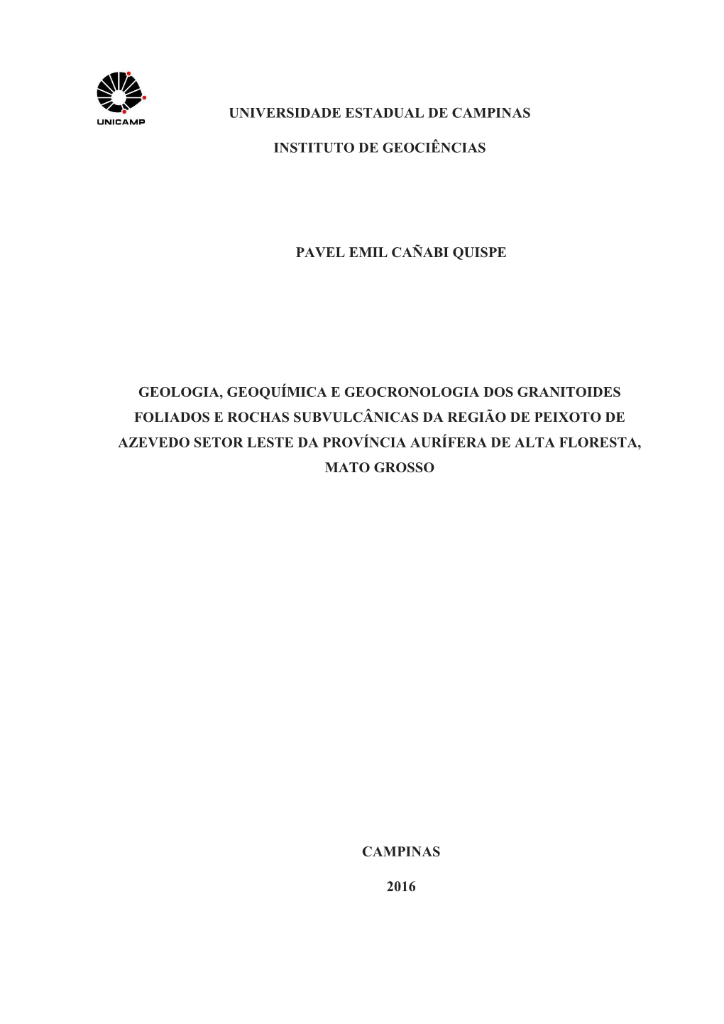 Universidade Estadual De Campinas Instituto De Geociências Pós-Graduação Em Geociências Na Àrea De Geologia E Recursos Naturais