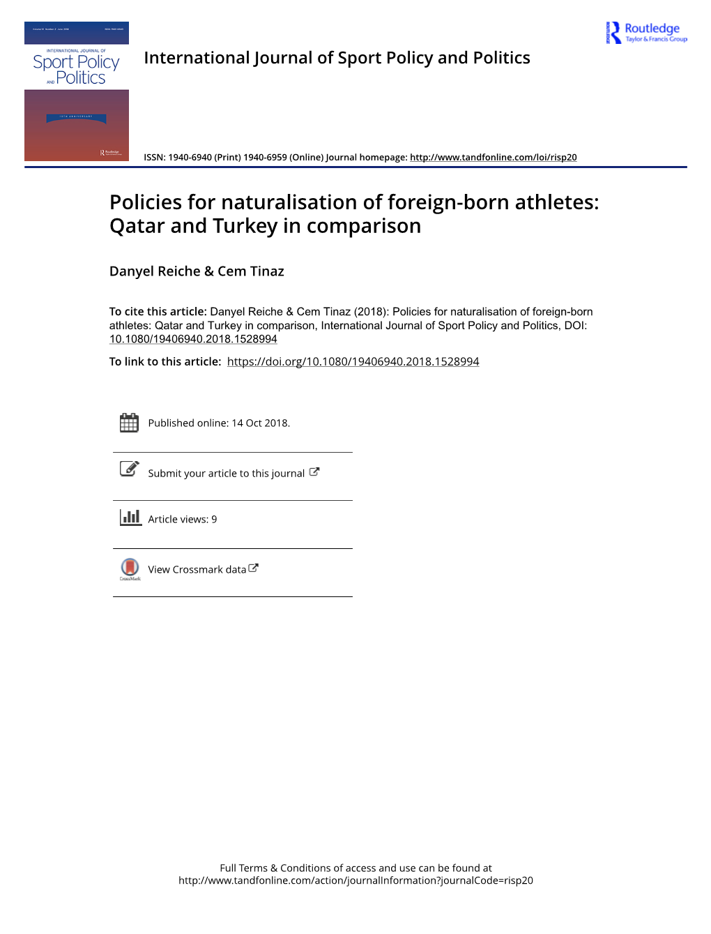 Policies for Naturalisation of Foreign-Born Athletes: Qatar and Turkey in Comparison