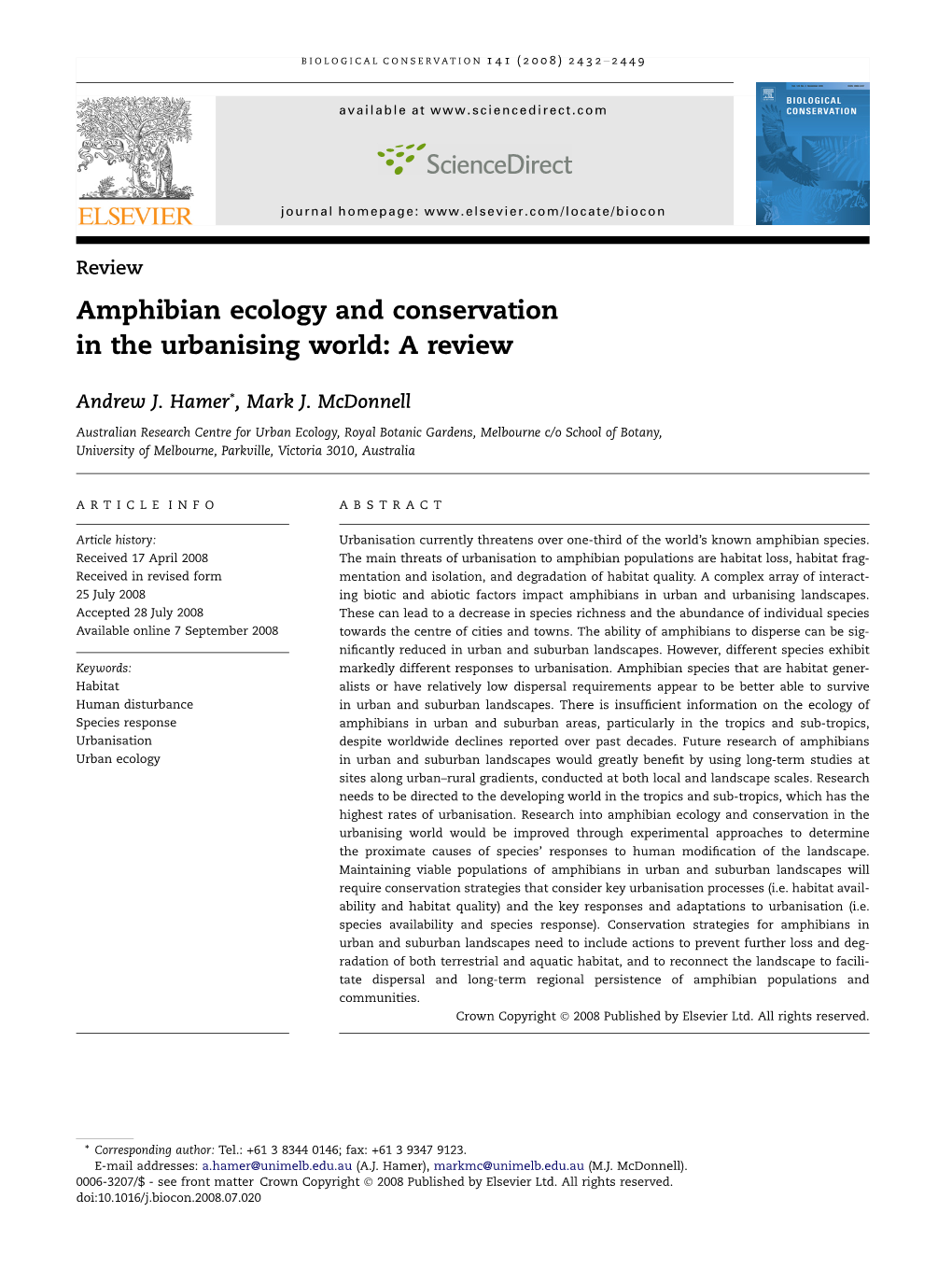 Amphibian Ecology and Conservation in the Urbanising World: a Review