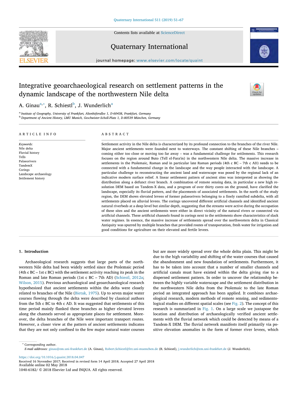 Integrative Geoarchaeological Research on Settlement Patterns in the Dynamic Landscape of the Northwestern Nile Delta T