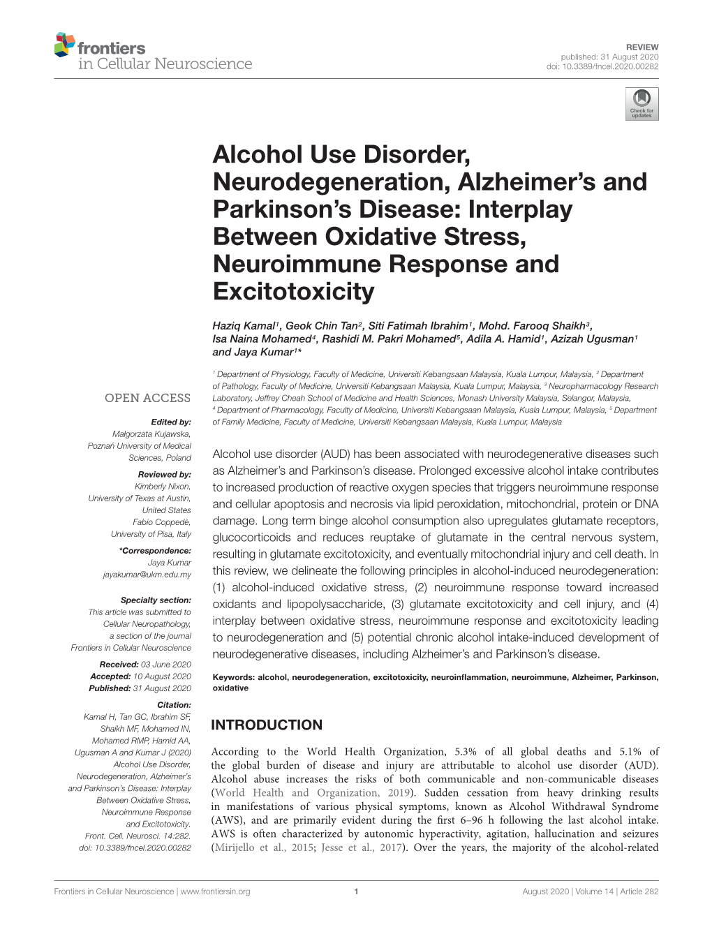 Alcohol Use Disorder, Neurodegeneration, Alzheimer's and Parkinson's Disease