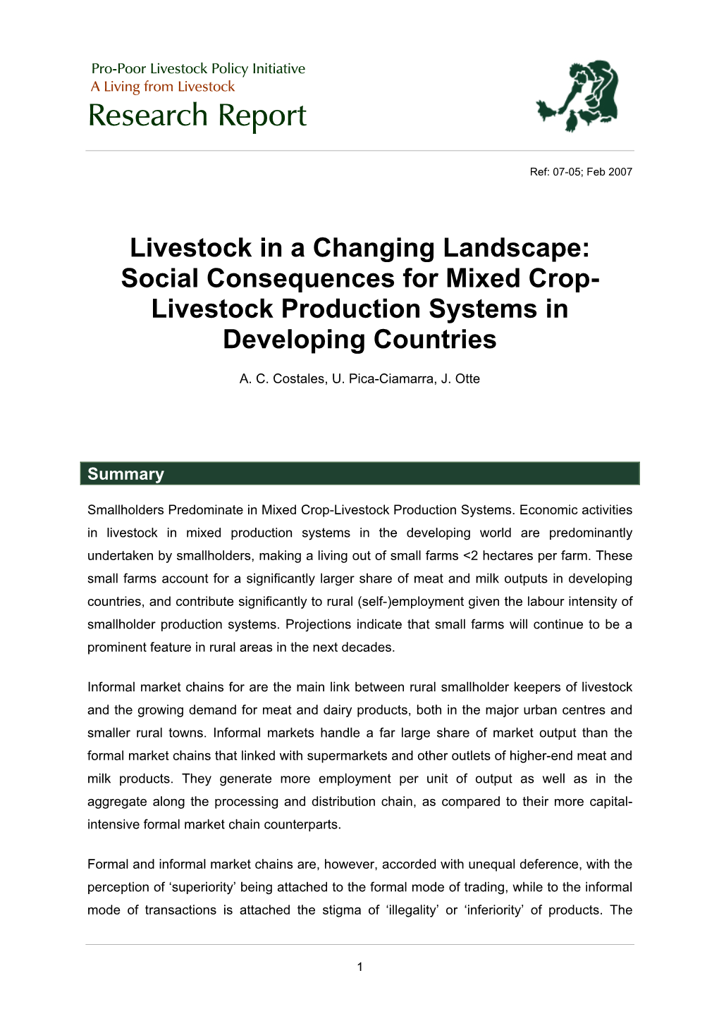 Social Consequences for Mixed Crop-Livestock Production Systems