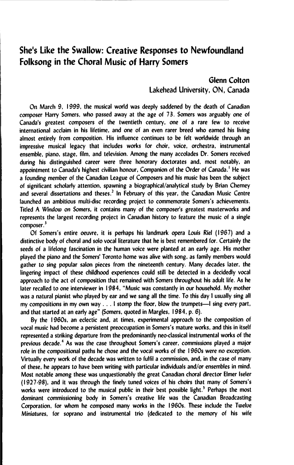 She1slike the Swallow: Creative Responses to Newfoundland Folksong in the Choral Music of Harry Somers