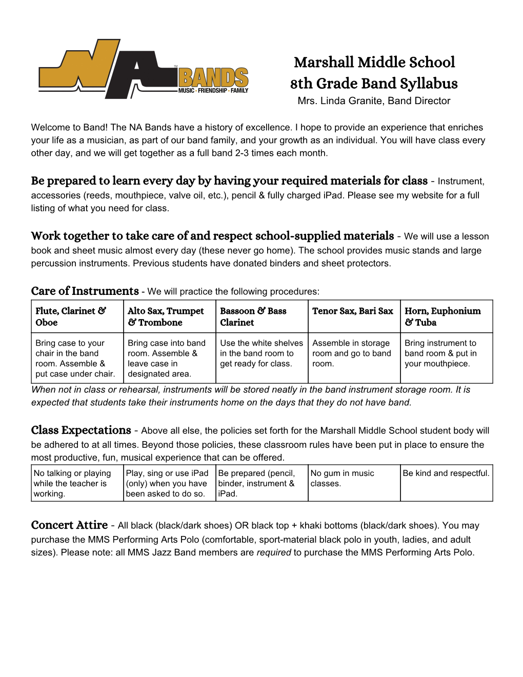 Marshall Middle School 8Th Grade Band Syllabus Mrs