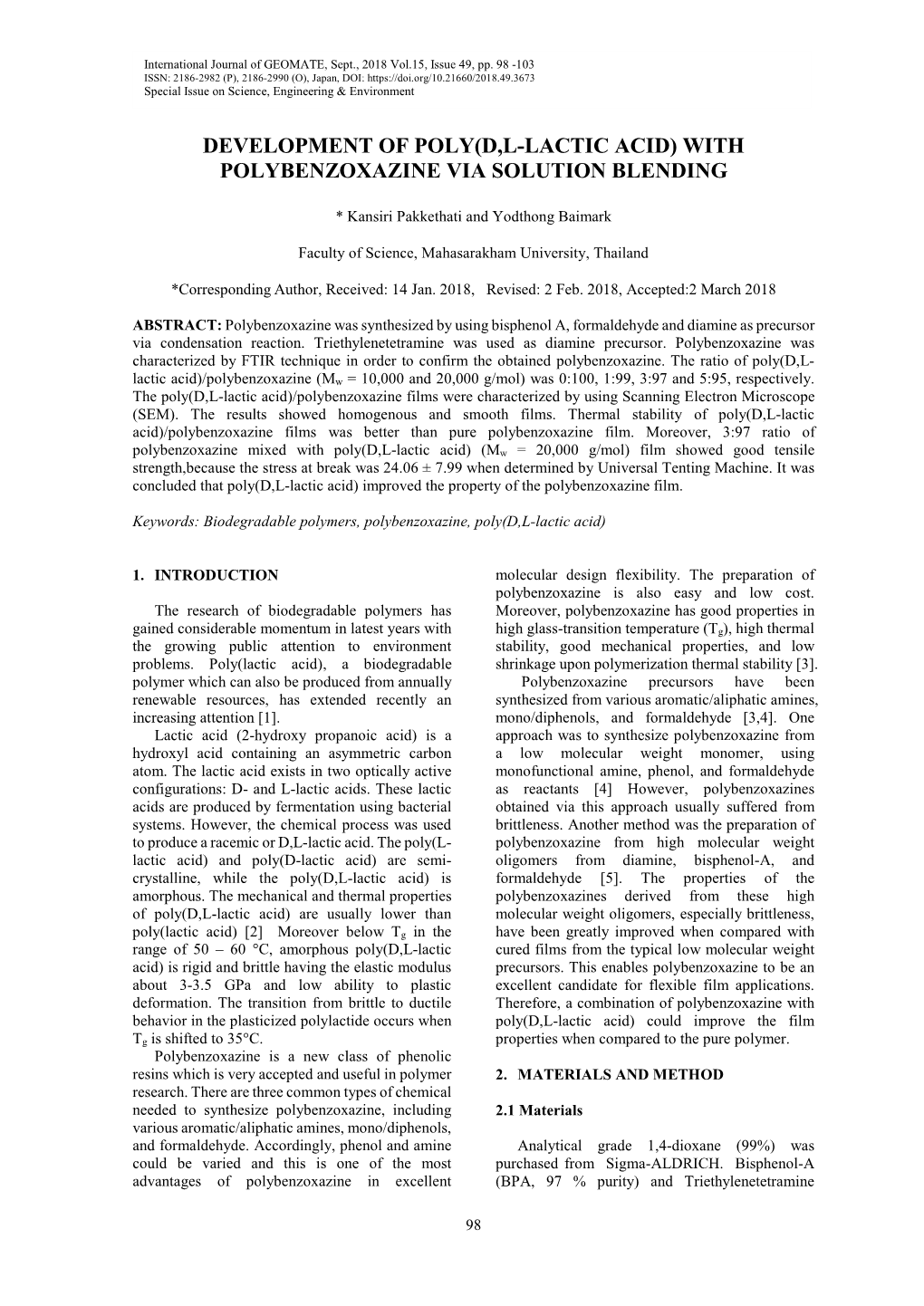 Development of Poly(D,L-Lactic Acid) with Polybenzoxazine Via Solution Blending