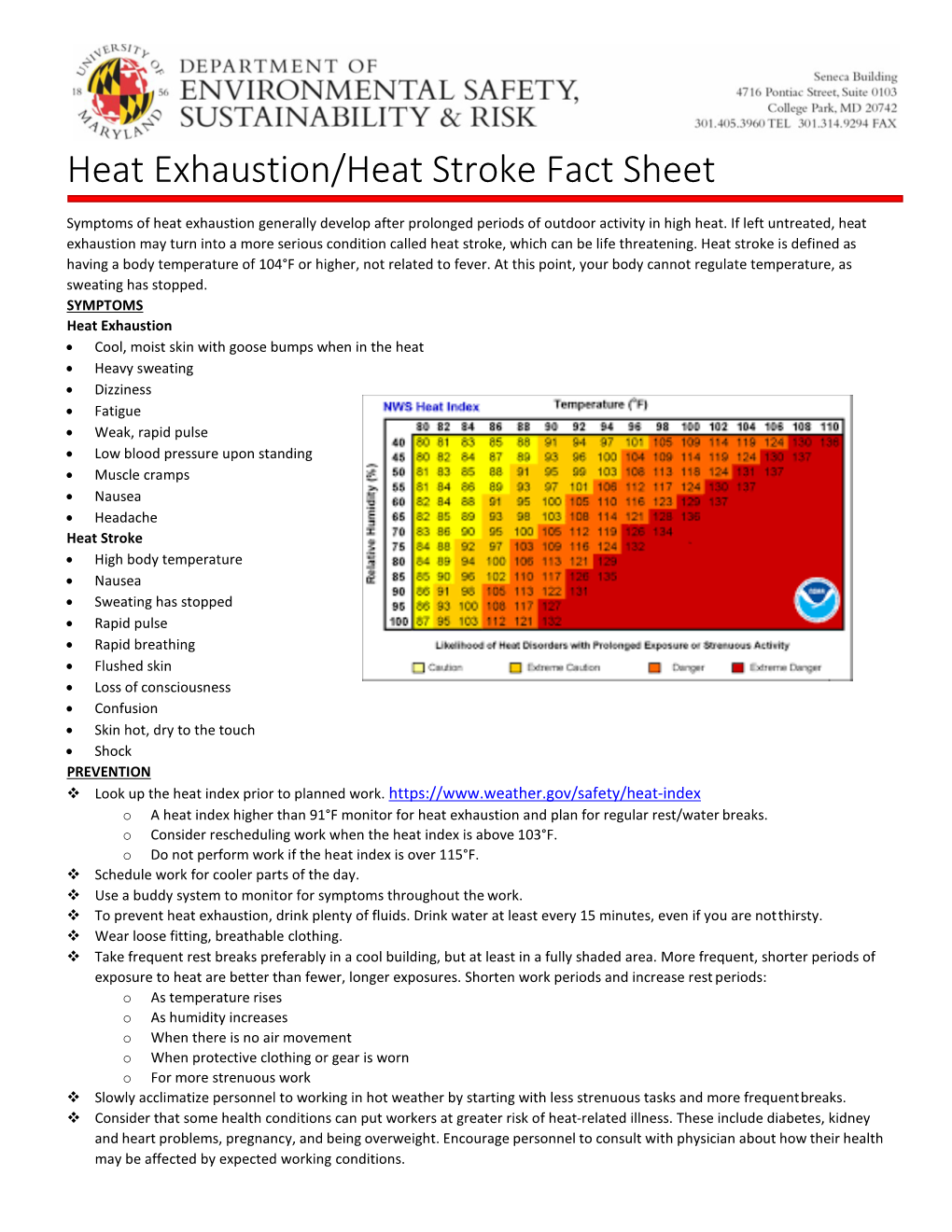 Heat Exhaustion/Heat Stroke Fact Sheet