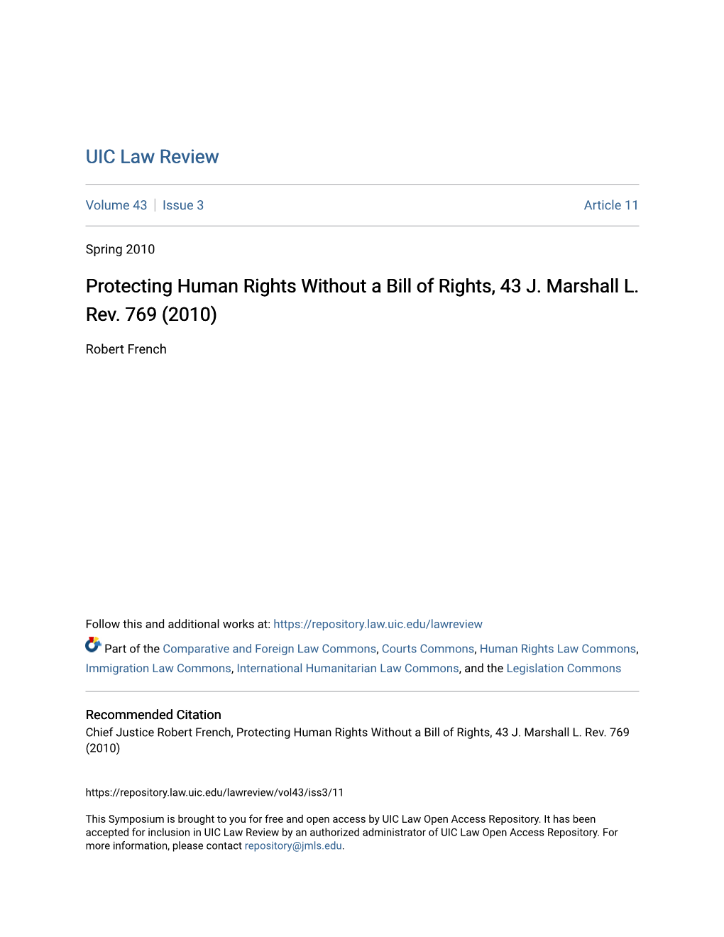 Protecting Human Rights Without a Bill of Rights, 43 J. Marshall L. Rev