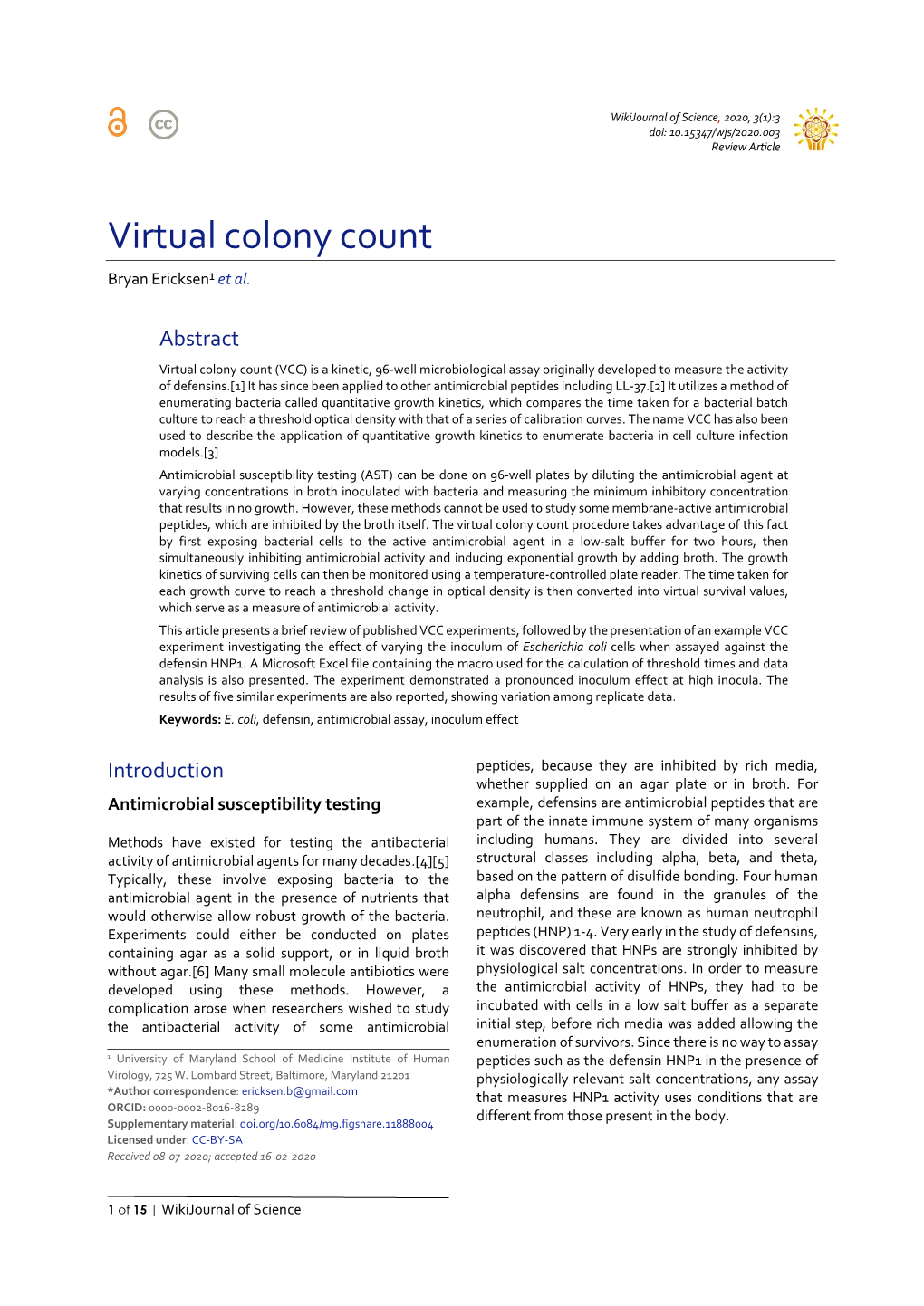 Virtual Colony Count Bryan Ericksen¹ Et Al