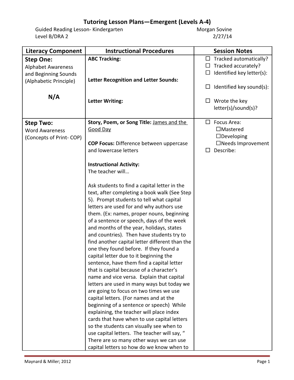 Tutoring Lesson Plans Emergent (Levels A-4)