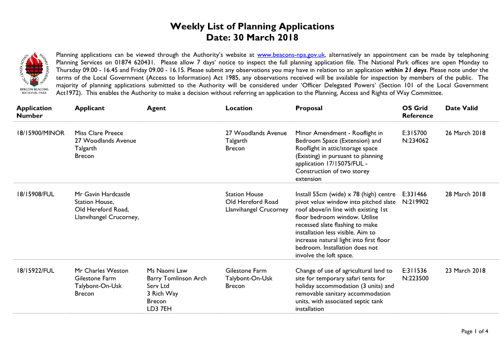 Weekly List of Planning Applications Date: 30 March 2018