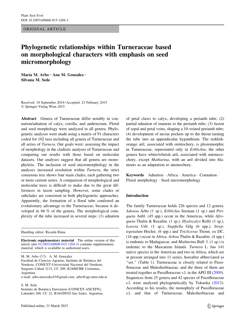 Phylogenetic Relationships Within Turneraceae Based on Morphological Characters with Emphasis on Seed Micromorphology