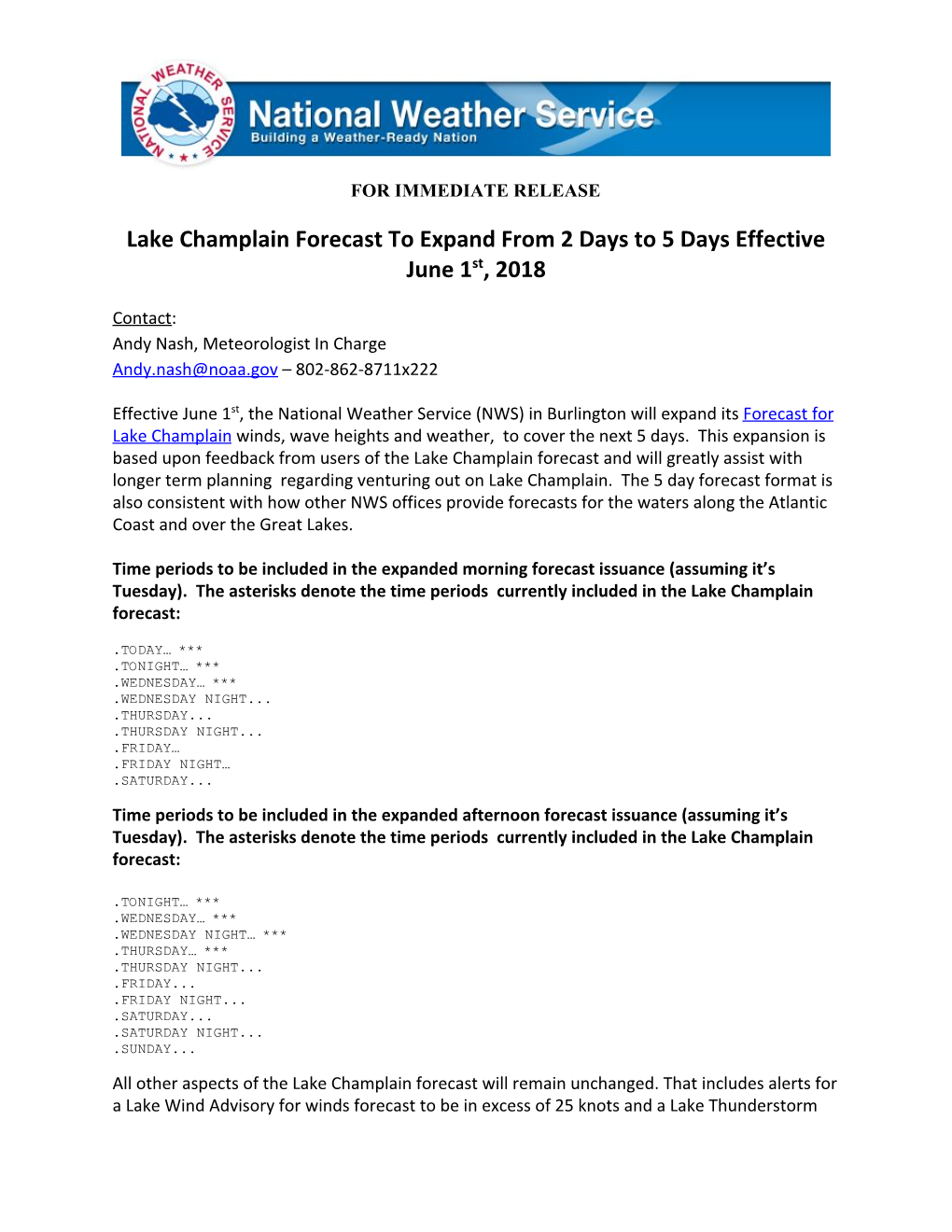 Lake Champlain Forecast to Expand from 2 Days to 5 Days Effective