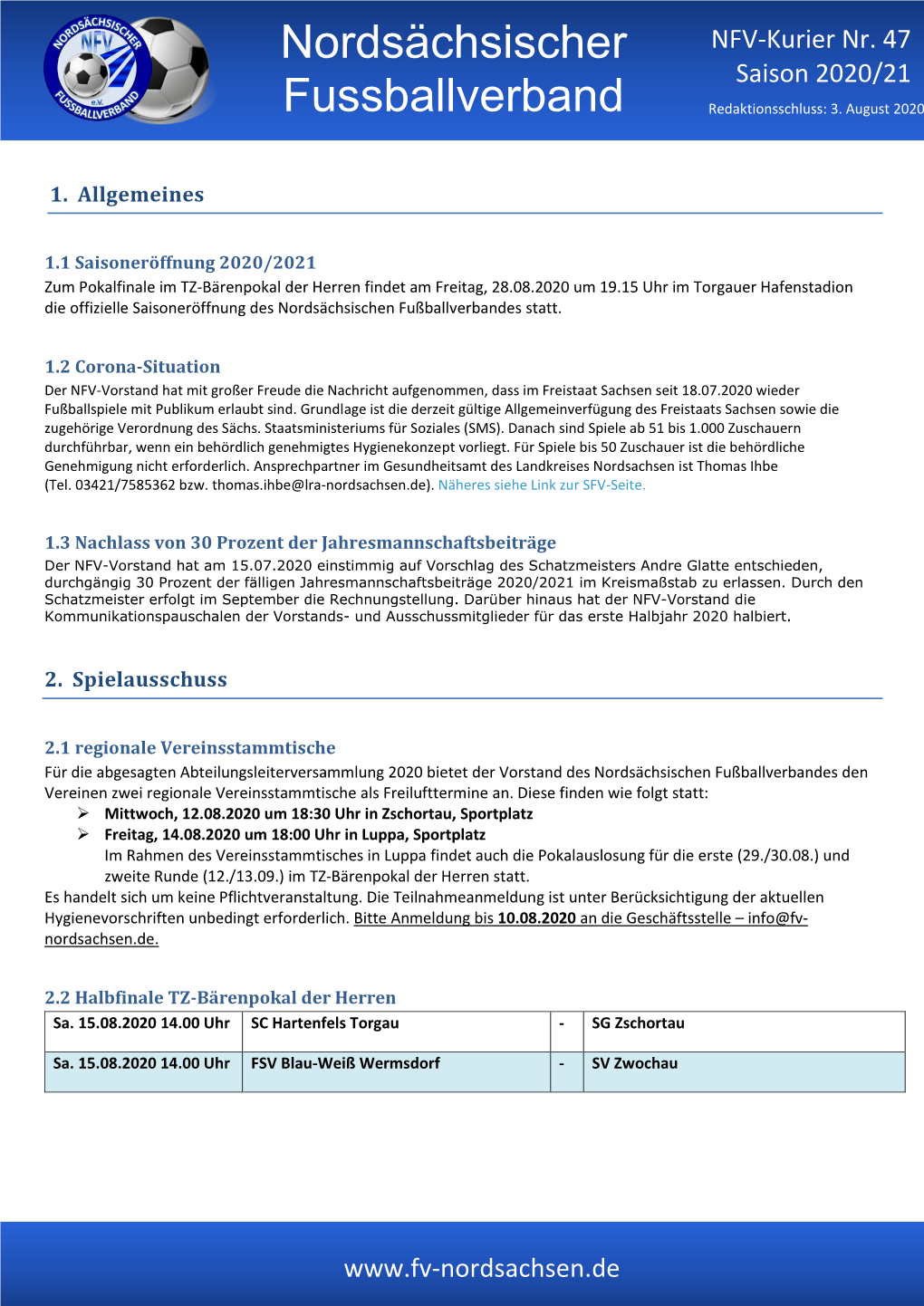 NFV-Kurier Nr. 47 Saison 2020/21 Fussballverband Redaktionsschluss: 3