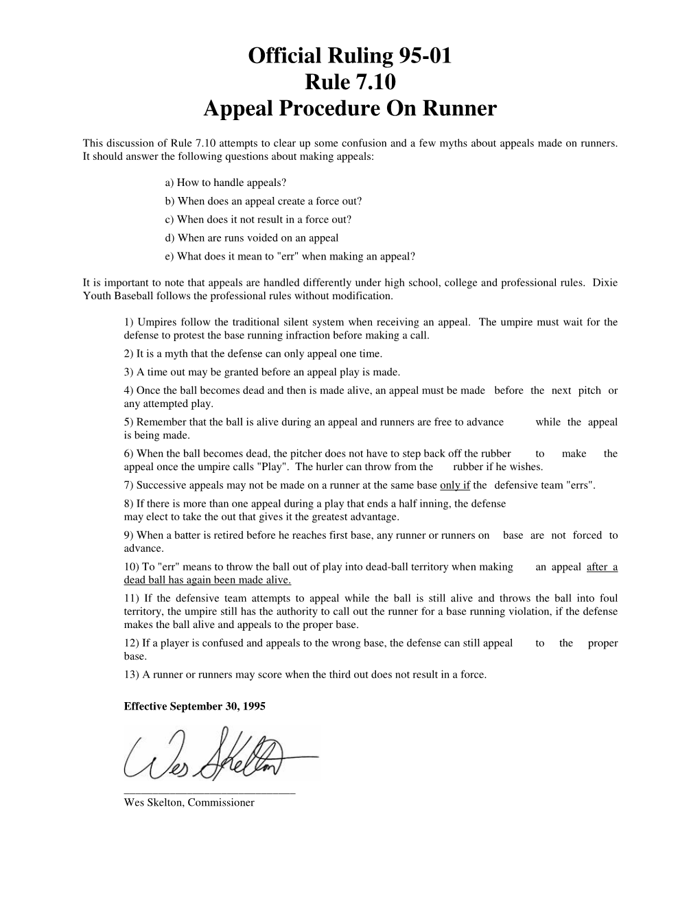 Official Ruling 95-01 Rule 7.10 Appeal Procedure on Runner