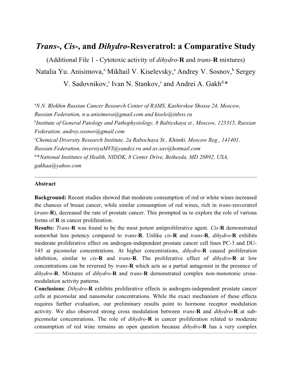 Trans-, Cis-, and Dihydro-Resveratrol: a Comparative Study