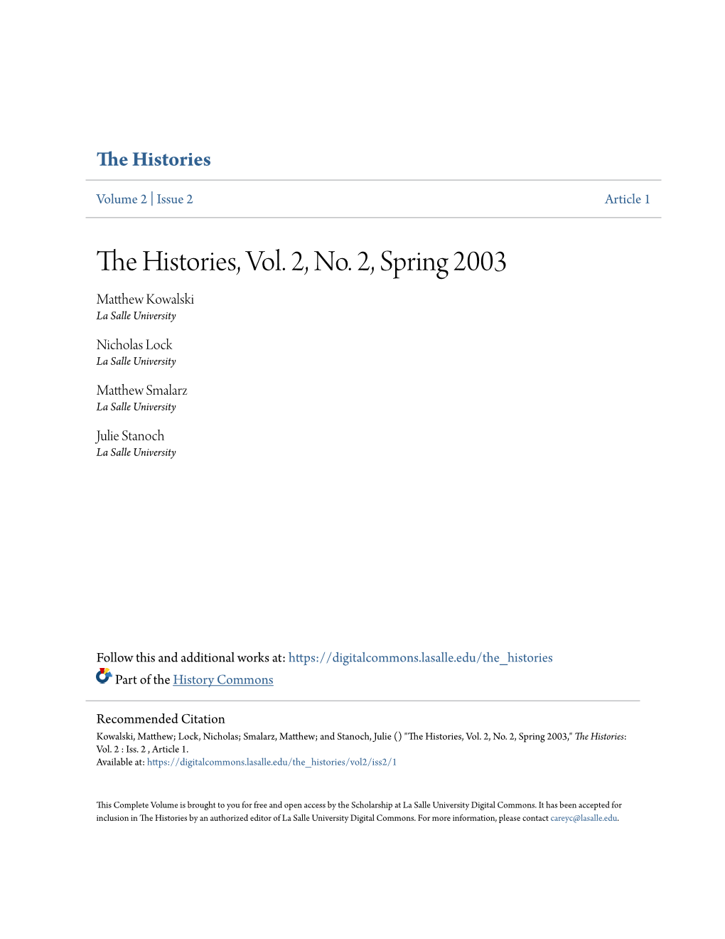 The Histories, Vol. 2, No. 2, Spring 2003
