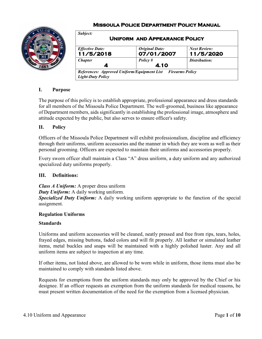 4.10 Uniform and Appearance Page 1 of 10 Missoula Police Department