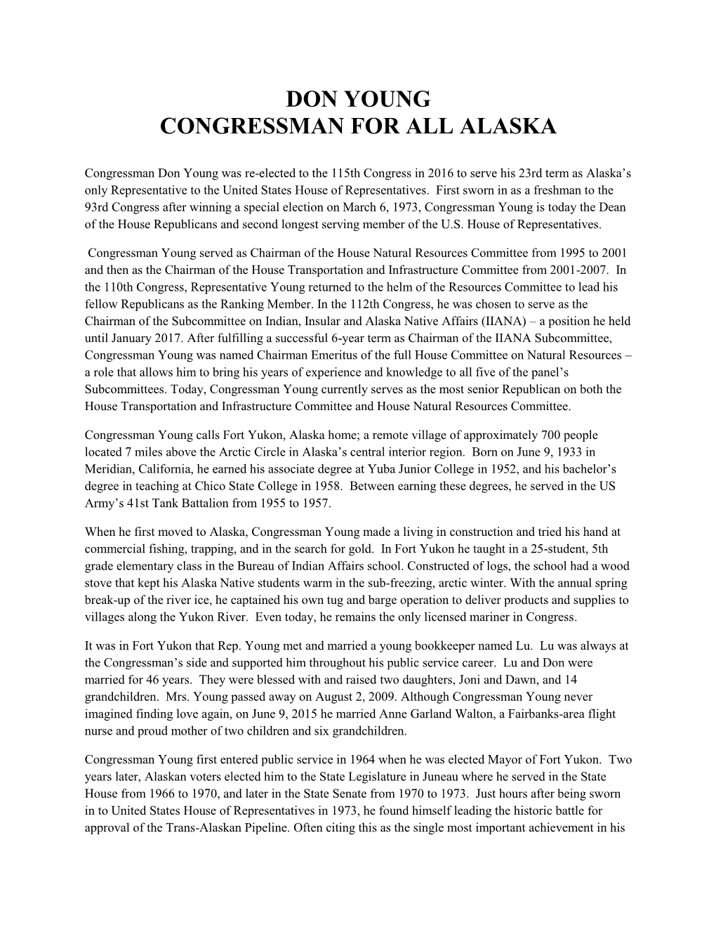Don Young Congressman for All Alaska
