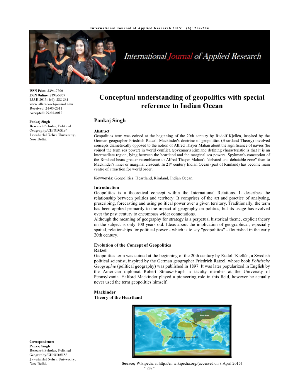 Conceptual Understanding of Geopolitics with Special Reference to Indian Ocean