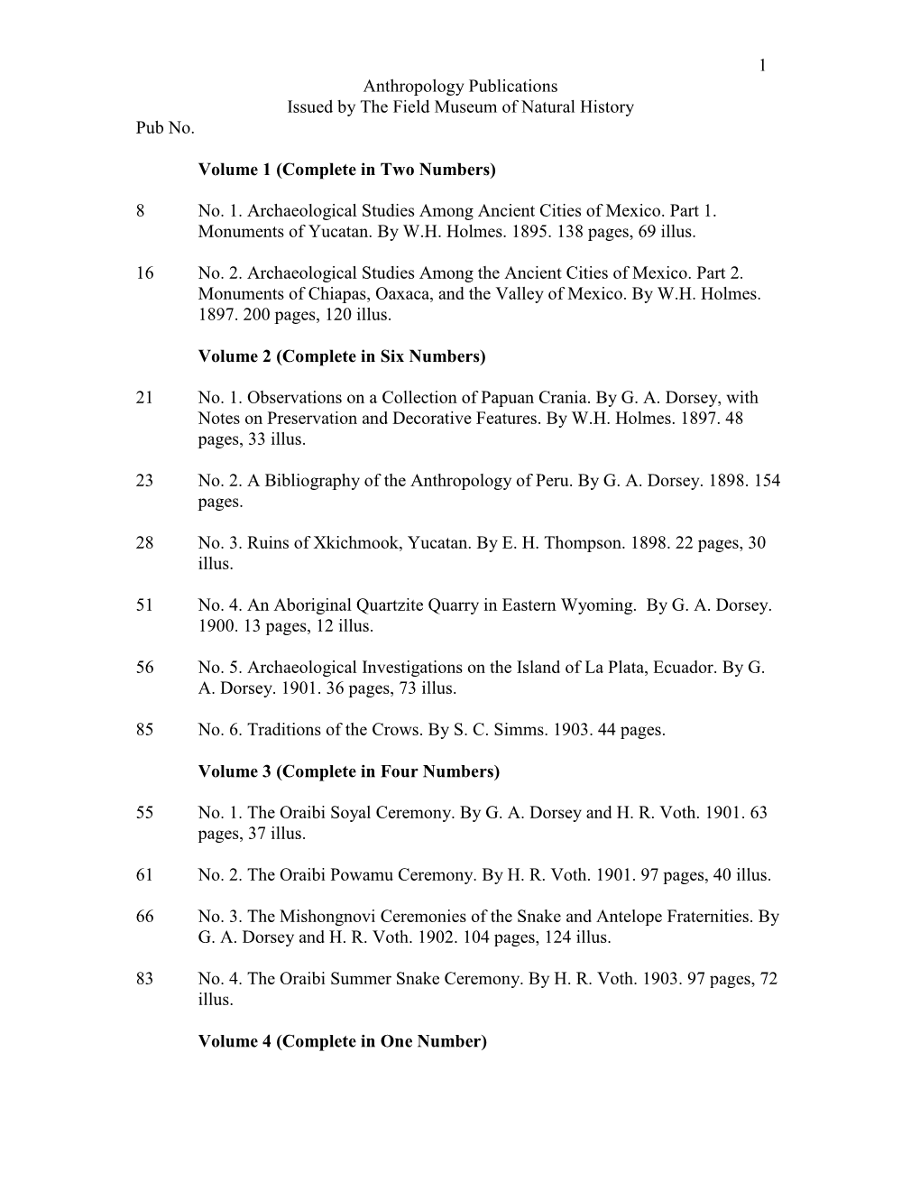 Anthropology Publications Issued by the Field Museum of Natural History Pub No