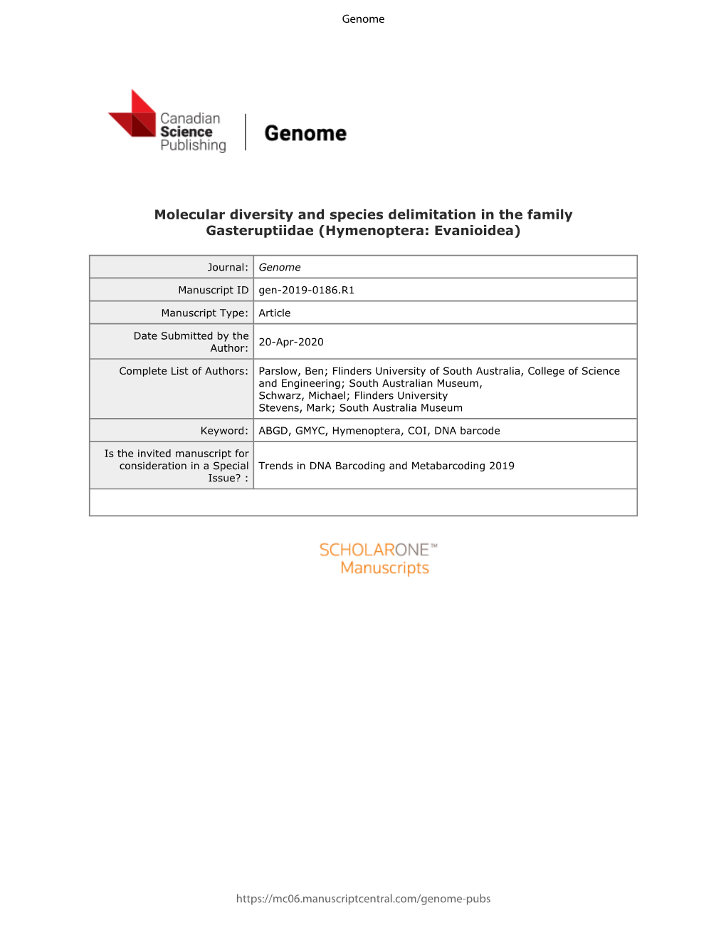 Molecular Diversity and Species Delimitation in the Family Gasteruptiidae (Hymenoptera: Evanioidea)