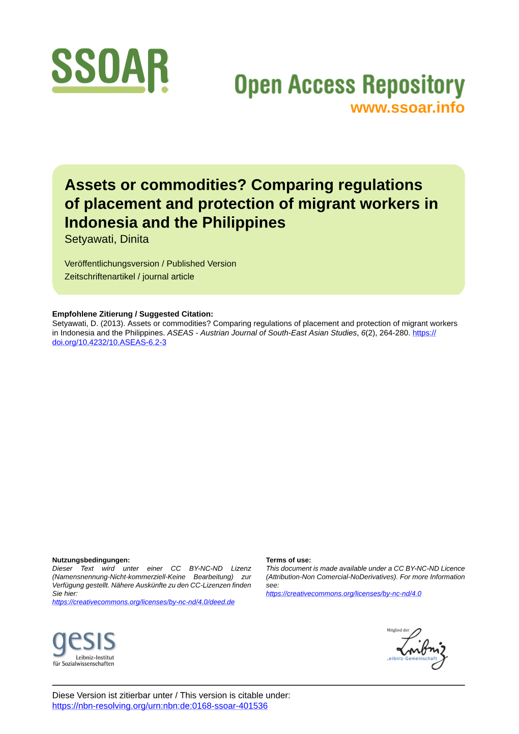 Comparing Regulations of Placement and Protection of Migrant Workers in Indonesia and the Philippines Setyawati, Dinita