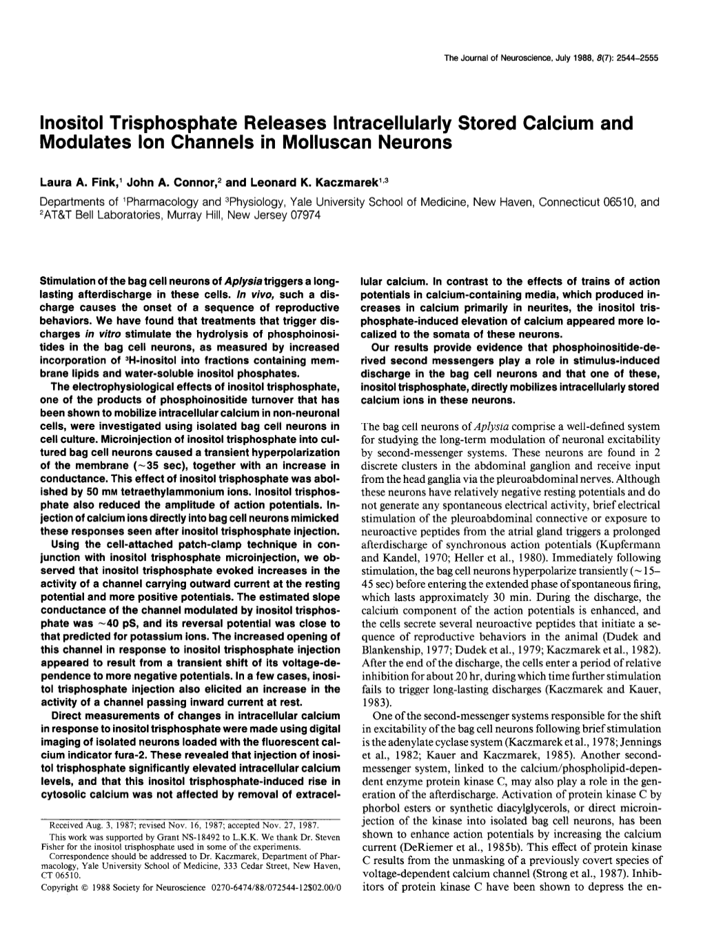 Lnositol Trisphosphate Releases Lntracellularly Stored Calcium and Modulates Ion Channels in Molluscan Neurons