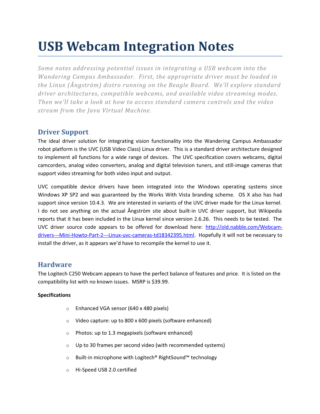 USB Webcam Integration Notes