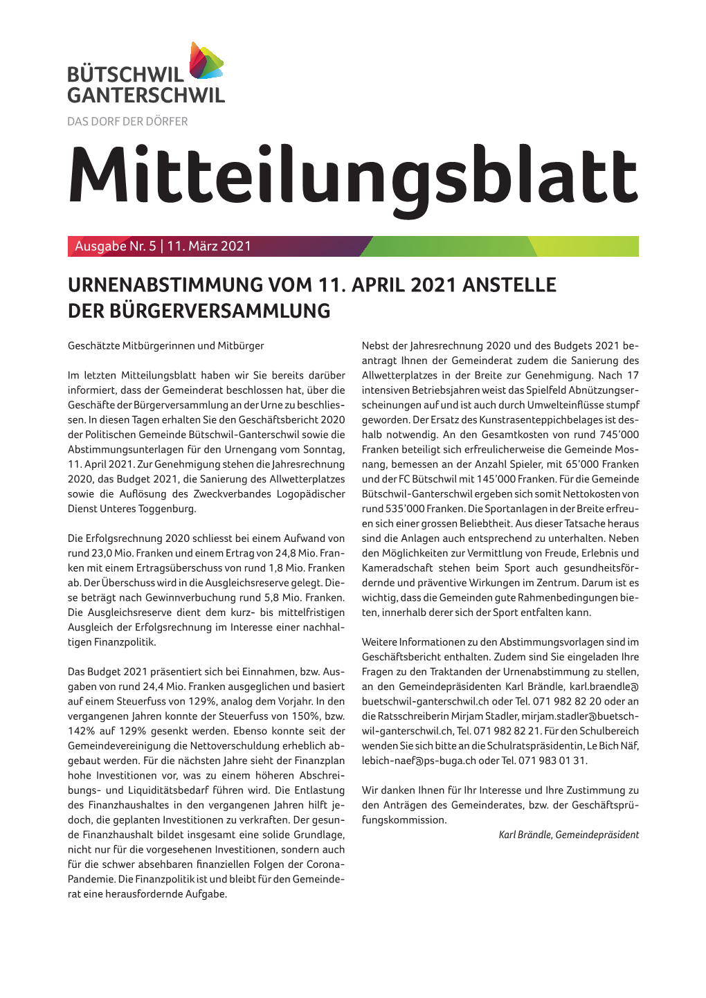 Urnenabstimmung Vom 11. April 2021 Anstelle Der Bürgerversammlung