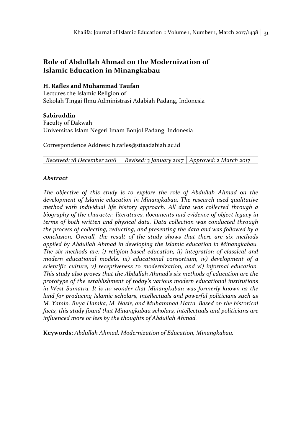 Role of Abdullah Ahmad on the Modernization of Islamic Education in Minangkabau