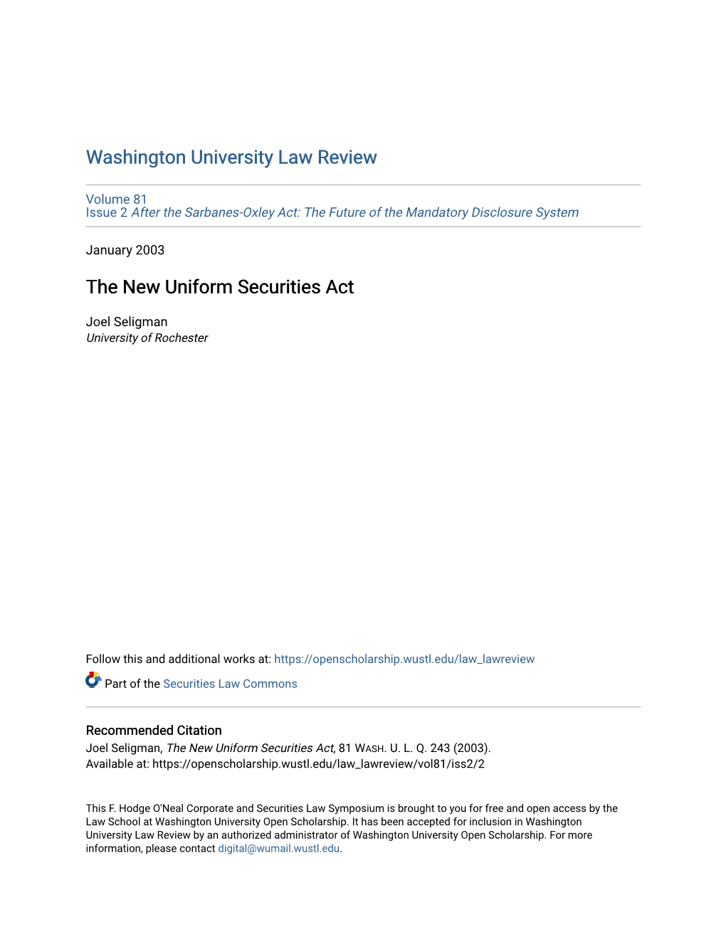 The New Uniform Securities Act