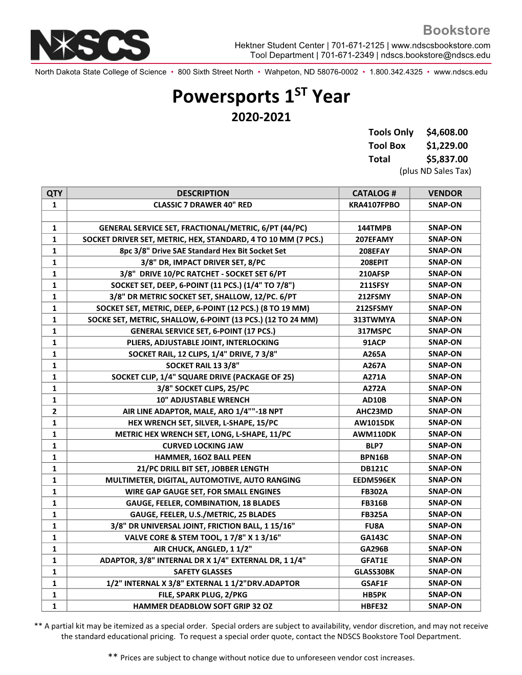 Powersports 1ST Year 2020-2021 Tools Only $4,608.00 Tool Box $1,229.00 Total $5,837.00 (Plus ND Sales Tax)