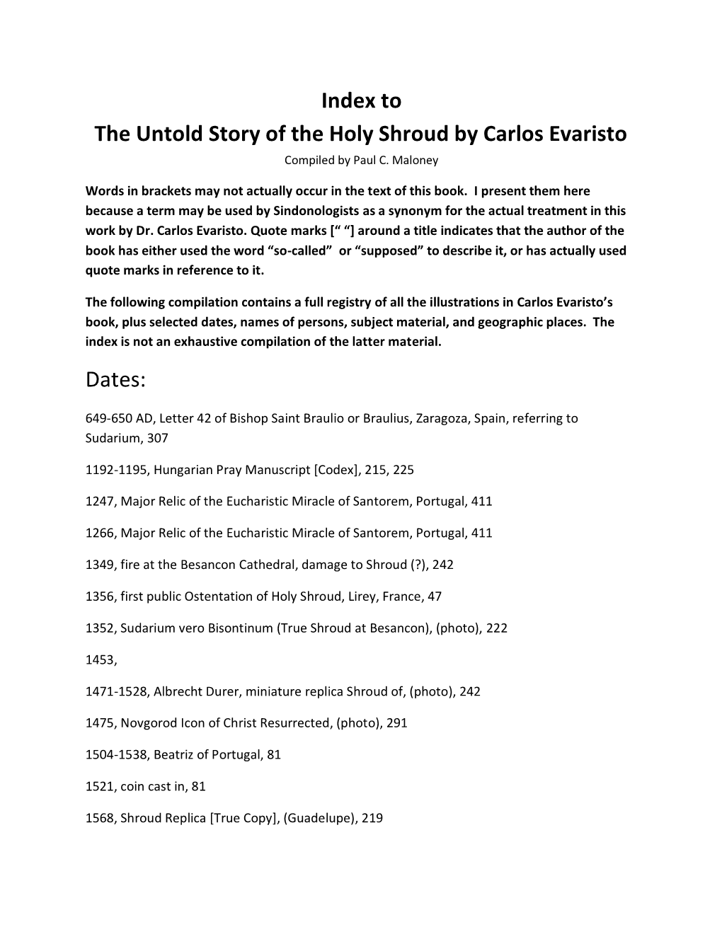 Index to the Untold Story of the Holy Shroud by Carlos Evaristo Compiled by Paul C