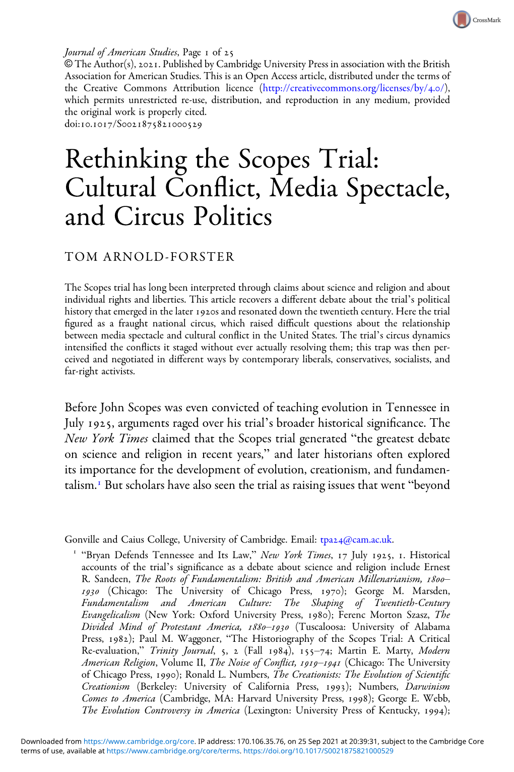 Rethinking the Scopes Trial: Cultural Conﬂict, Media Spectacle, and Circus Politics