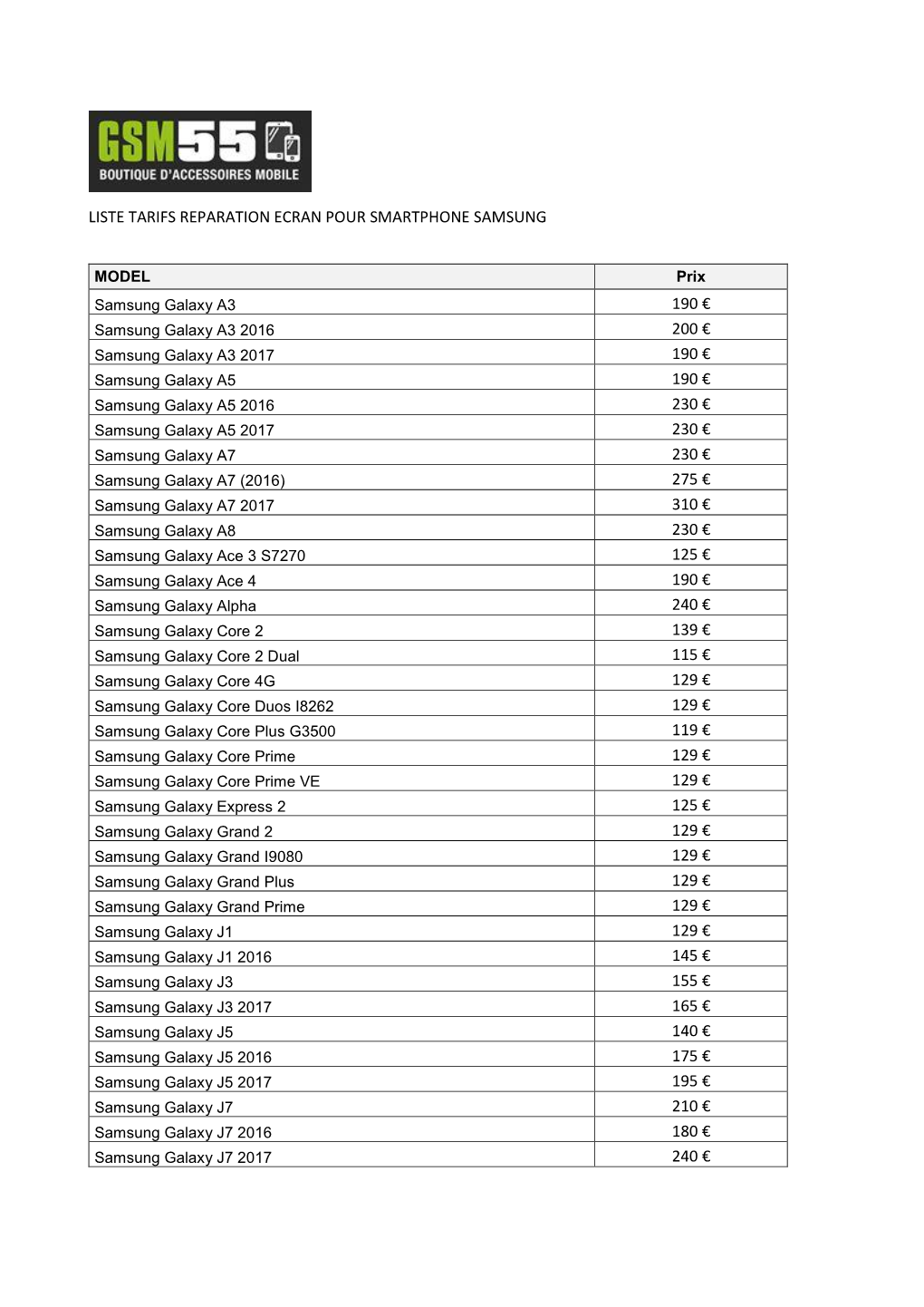 Liste Tarifs Reparation Ecran Pour Smartphone Samsung