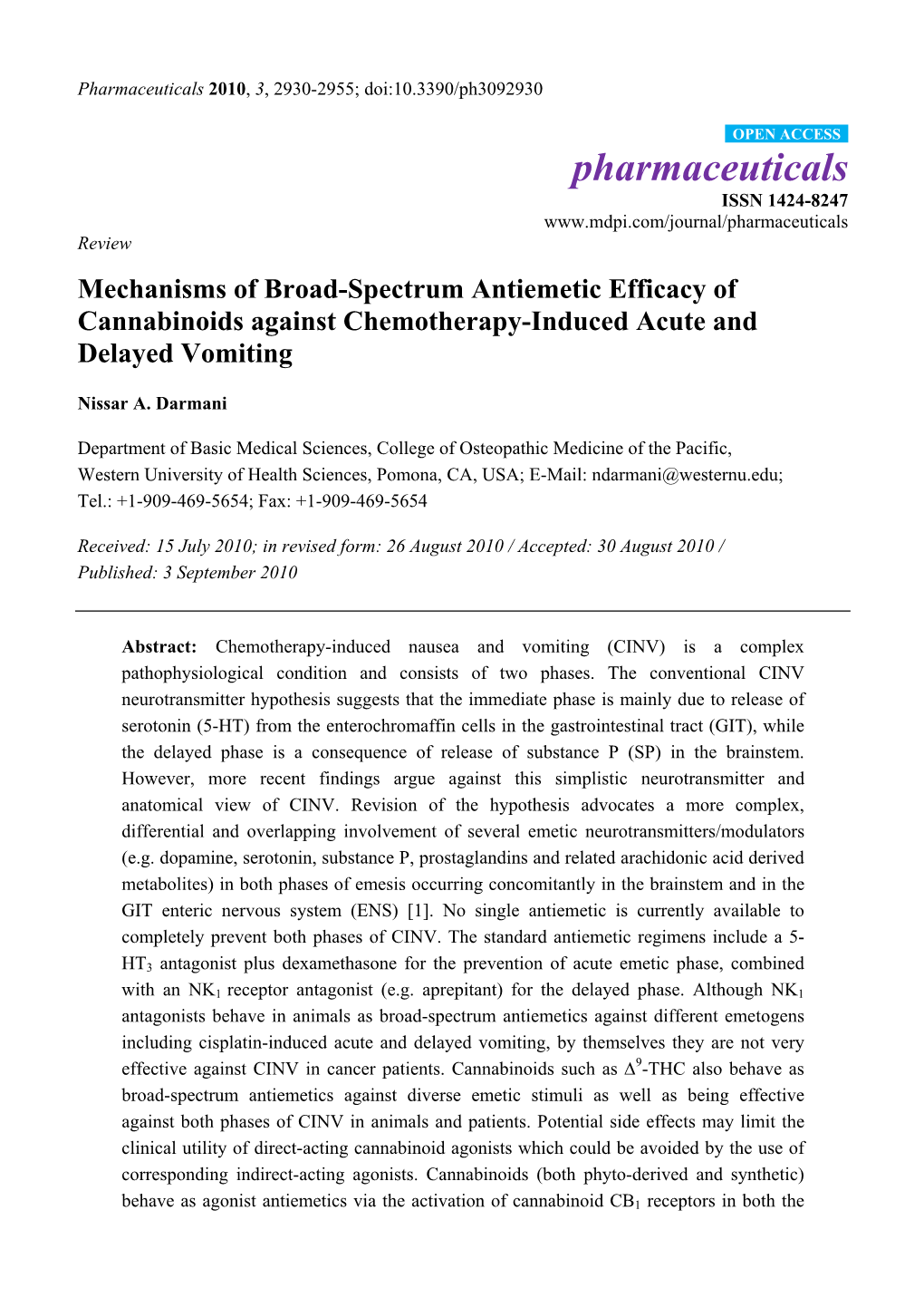 Mechanisms of Broad-Spectrum Antiemetic Efficacy of Cannabinoids Against Chemotherapy-Induced Acute and Delayed Vomiting