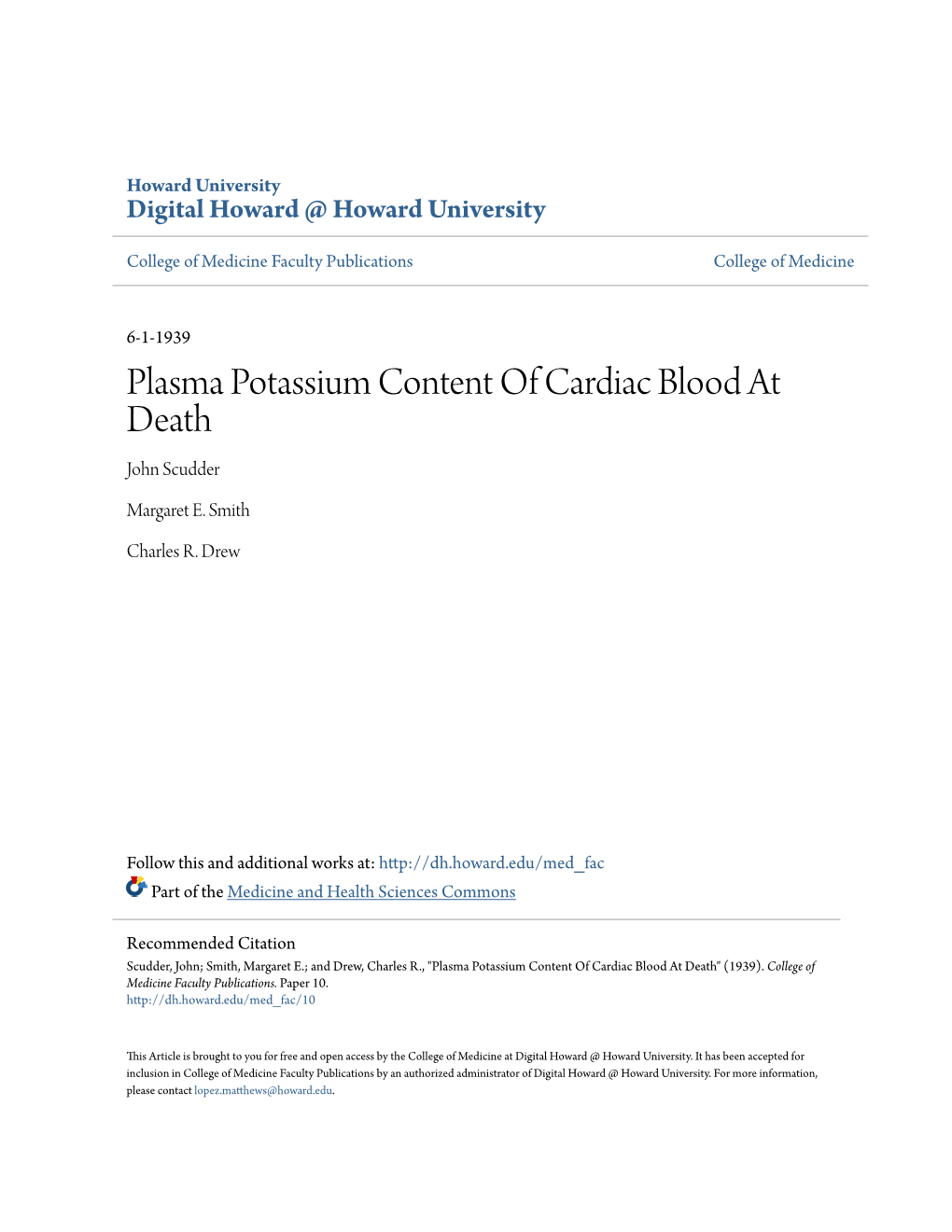 Plasma Potassium Content of Cardiac Blood at Death John Scudder