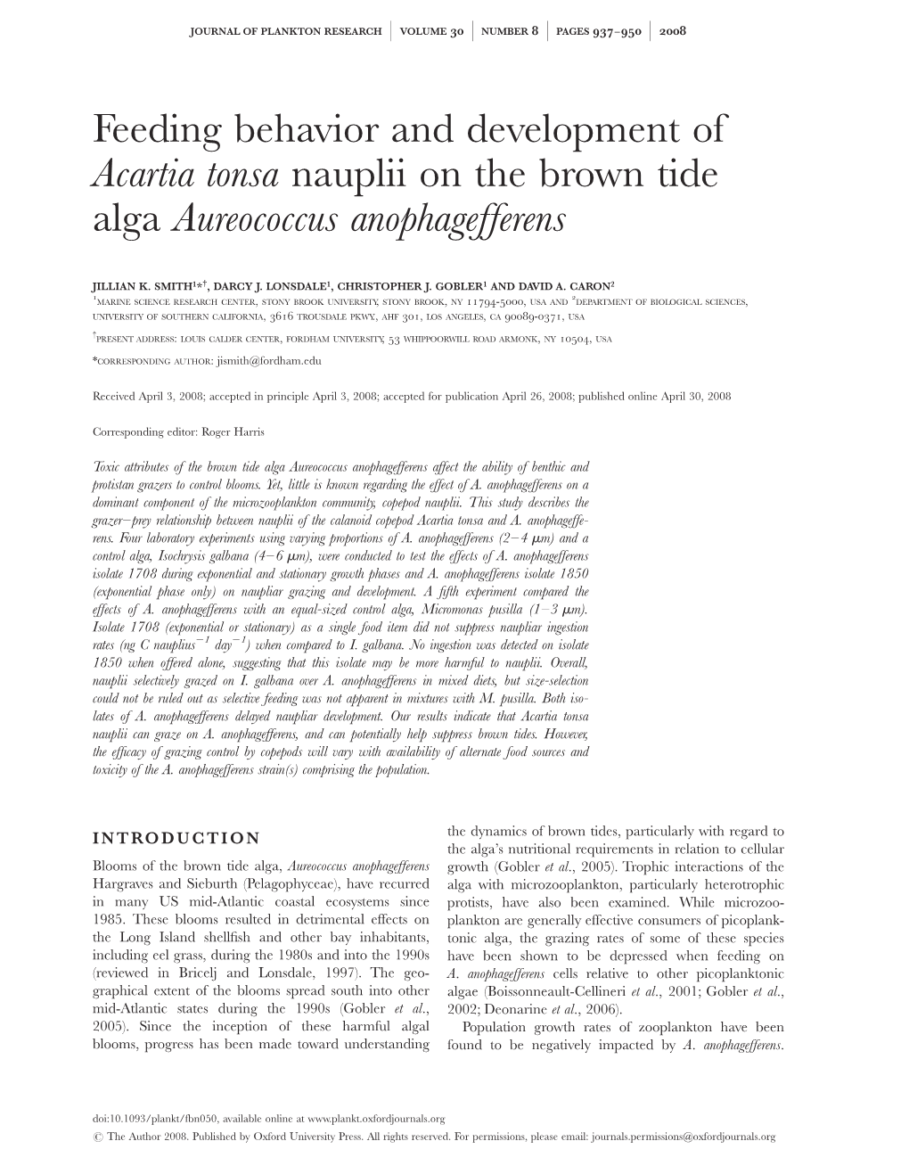 Feeding Behavior and Development of Acartia Tonsa Nauplii on the Brown Tide Alga Aureococcus Anophagefferens