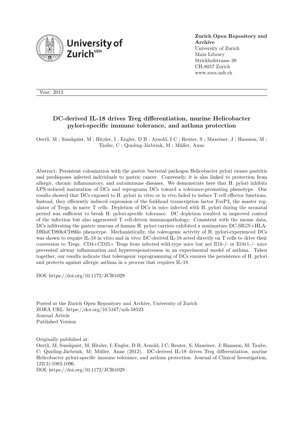 DC-Derived IL-18 Drives Treg Differentiation, Murine Helicobacter Pylori-Specific Immune Tolerance, and Asthma Protection