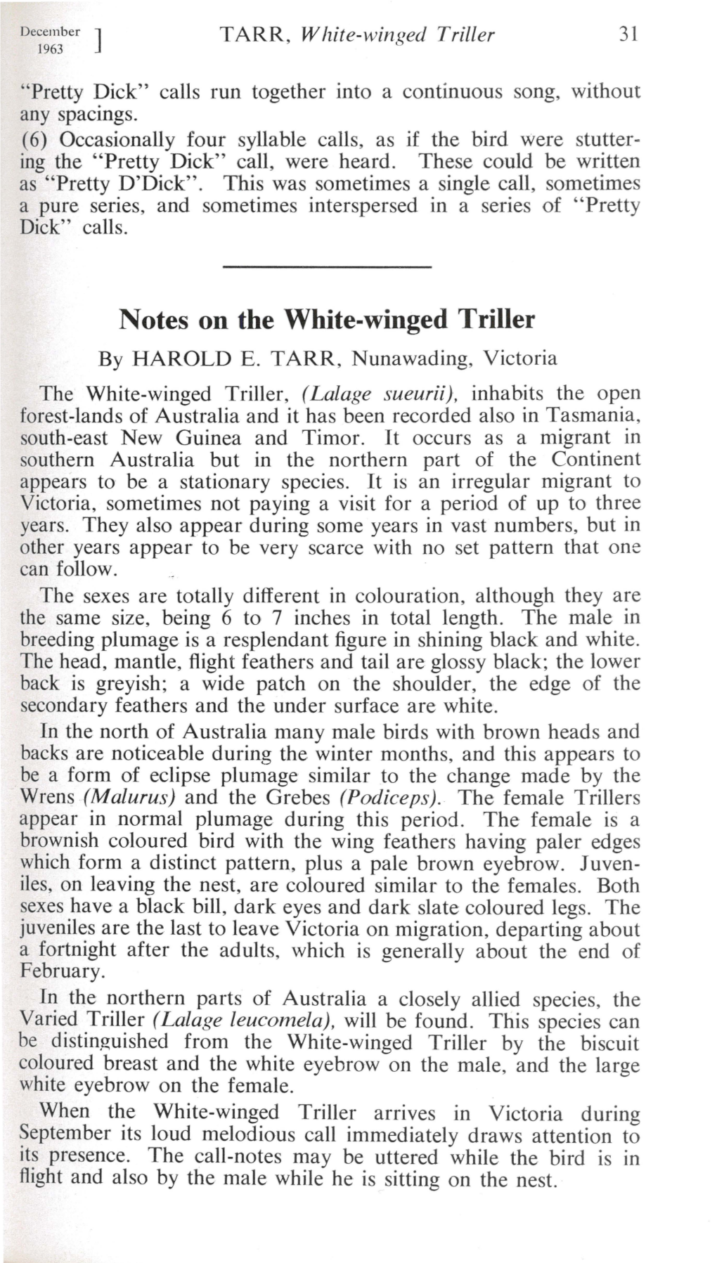 Notes on the White-Winged Triller by HAROLD E