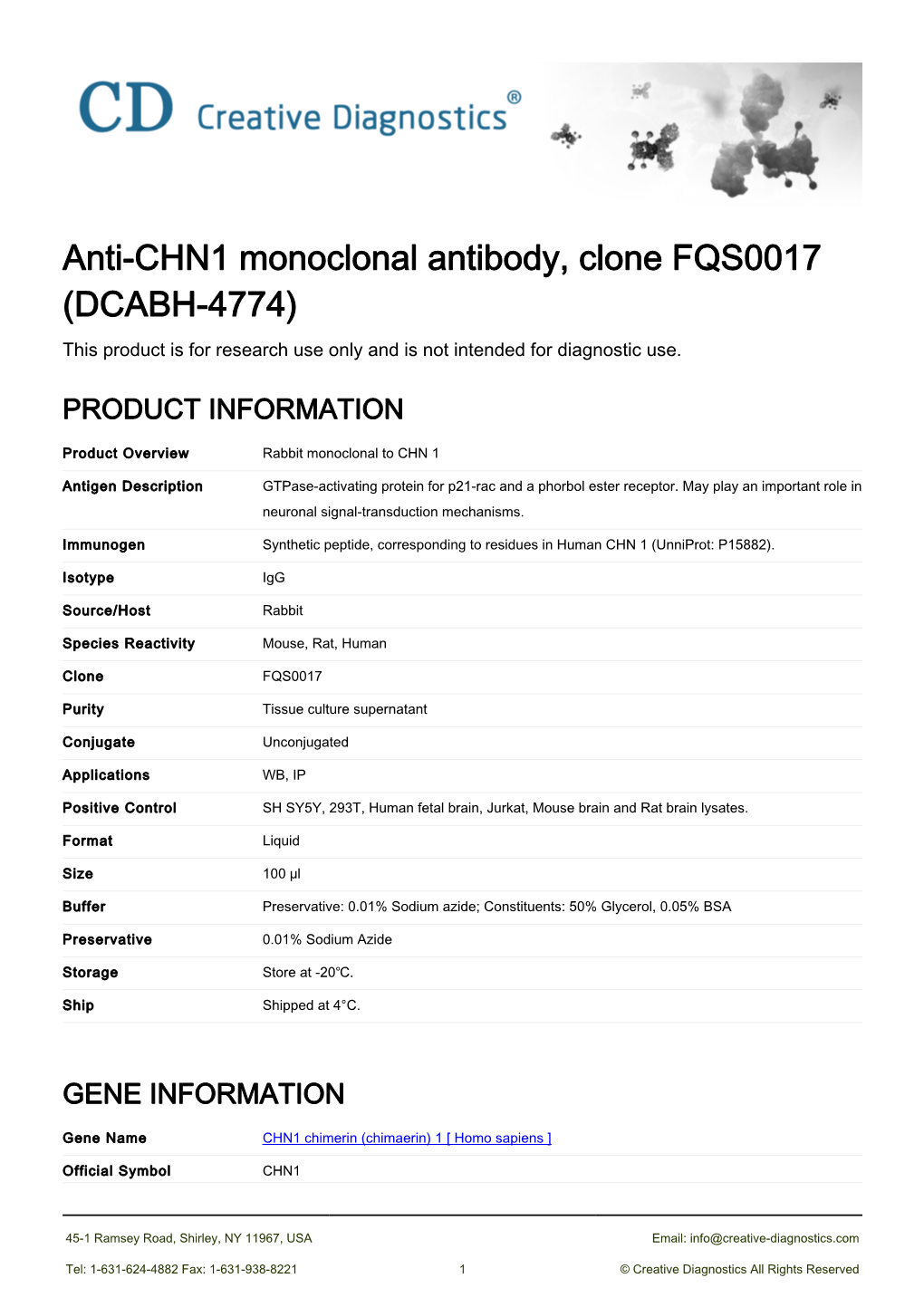 Anti-CHN1 Monoclonal Antibody, Clone FQS0017 (DCABH-4774) This Product Is for Research Use Only and Is Not Intended for Diagnostic Use