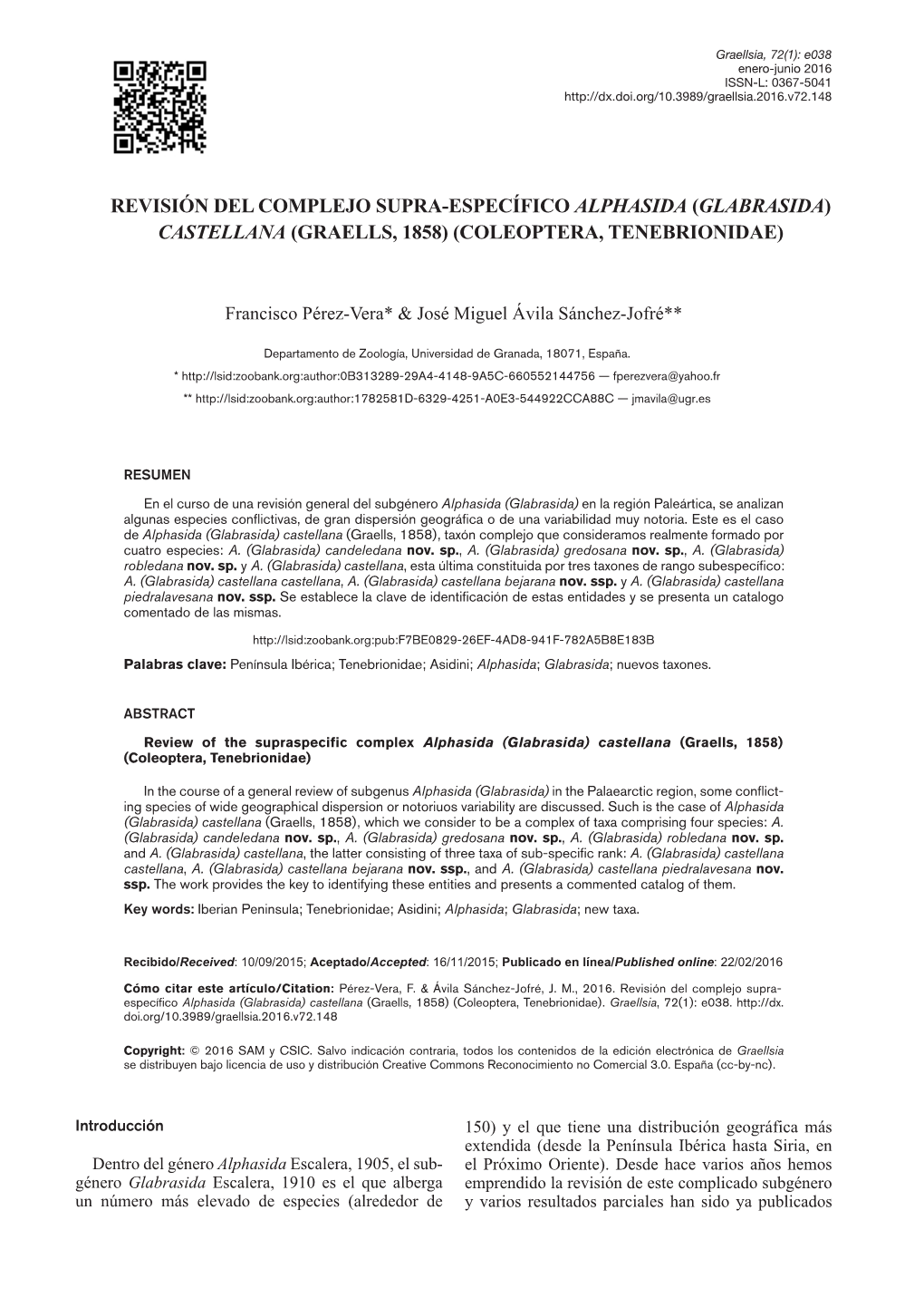 Revisión Del Complejo Supra-Específico Alphasida (Glabrasida) Castellana (Graells, 1858) (Coleoptera, Tenebrionidae)