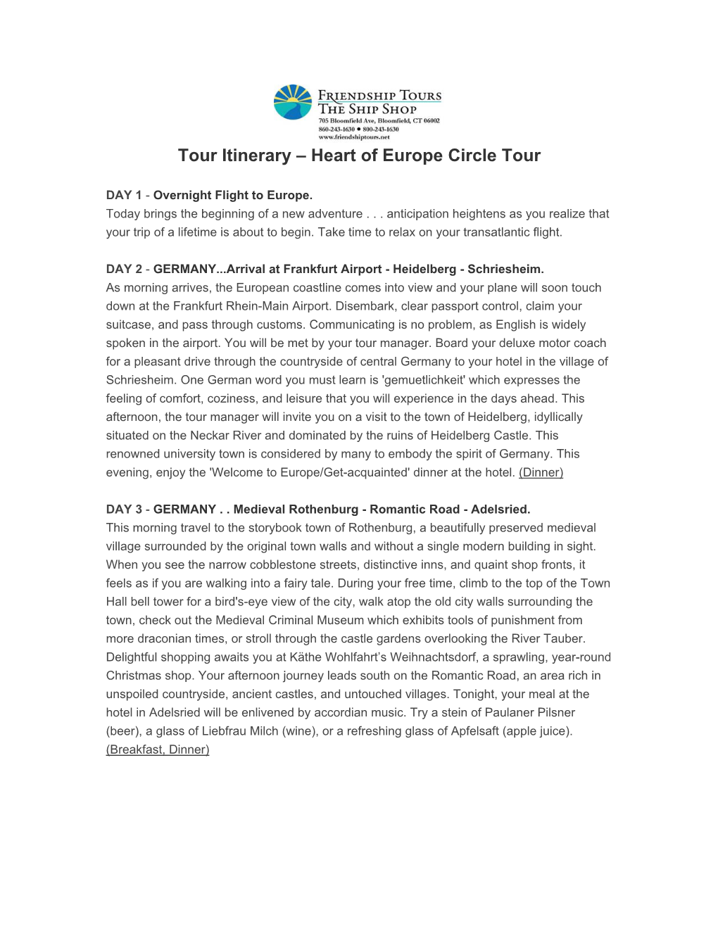 Tour Itinerary – Heart of Europe Circle Tour