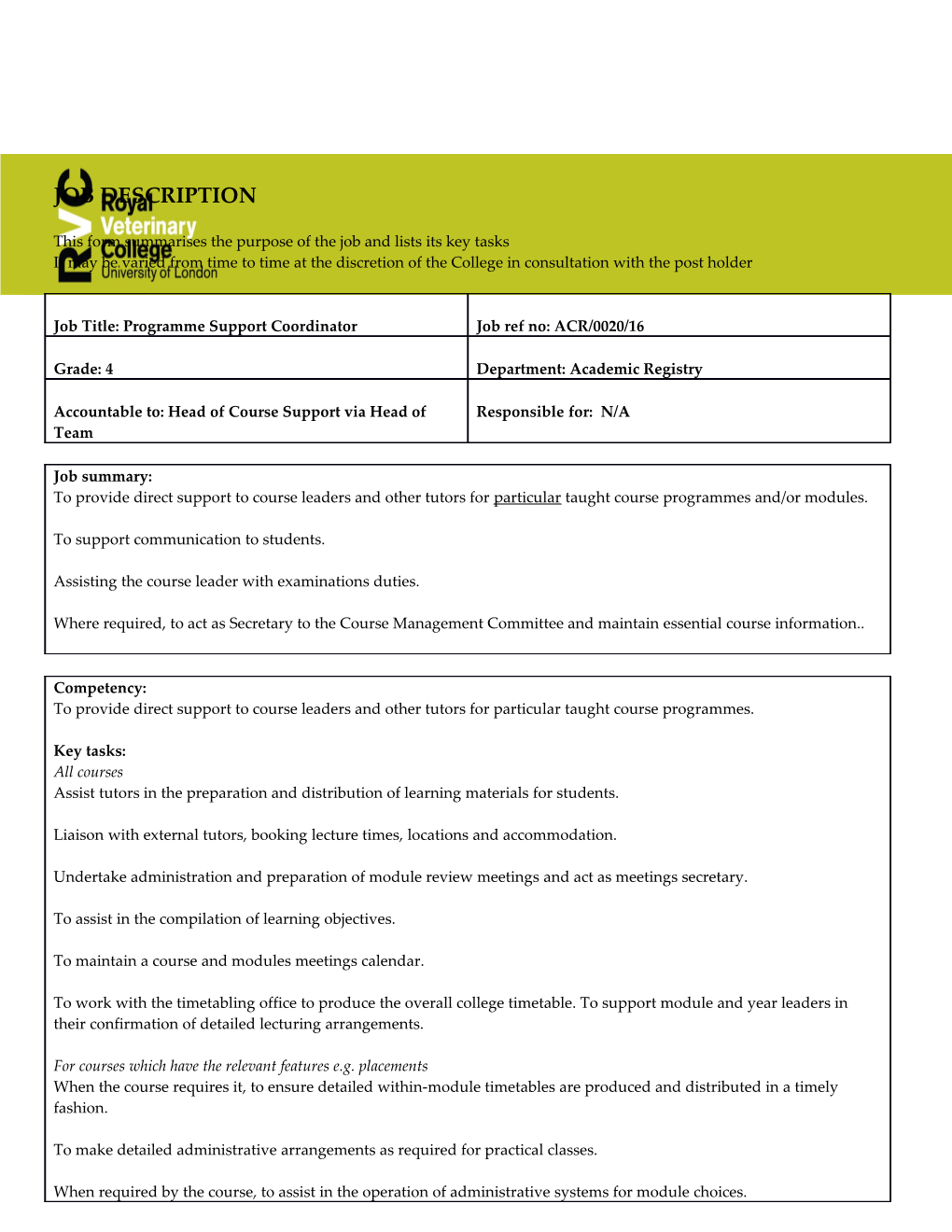 This Form Summarises the Purpose of the Job and Lists Its Key Tasks