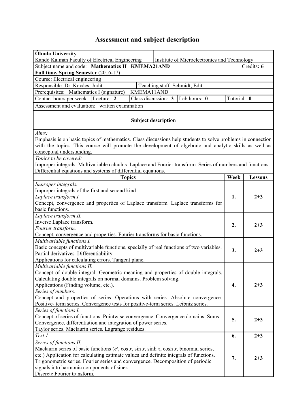 Assessment and Subject Description