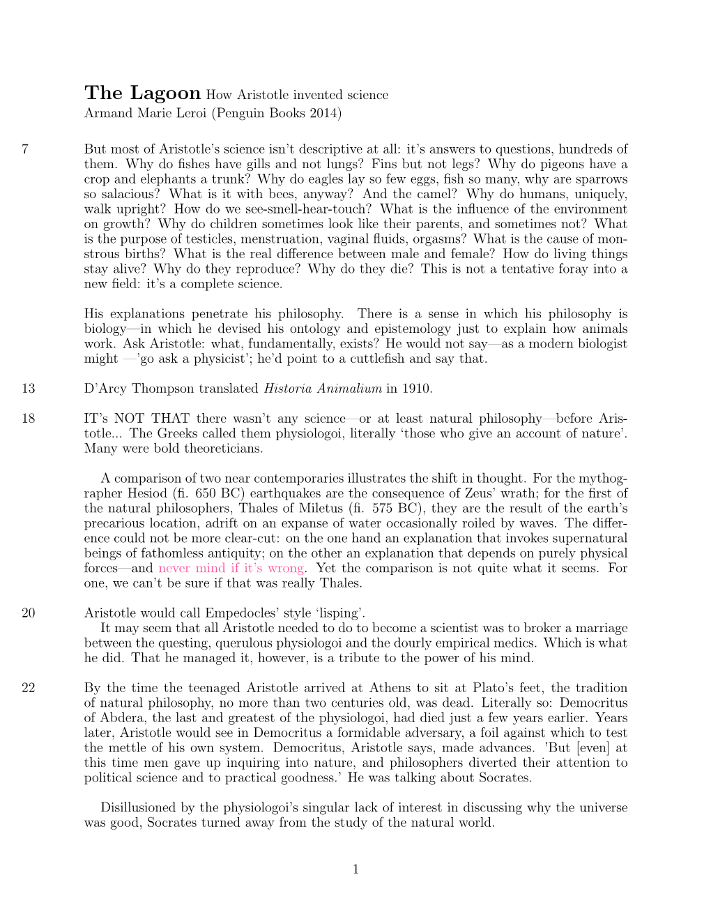 The Lagoon How Aristotle Invented Science Armand Marie Leroi (Penguin Books 2014)