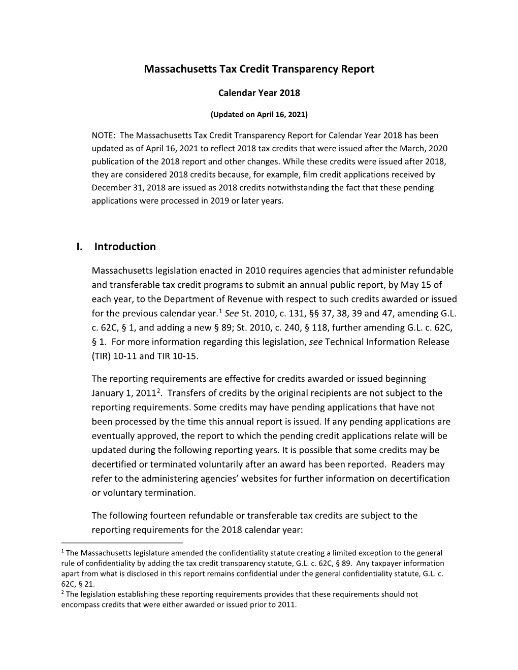 Massachusetts Tax Credit Transparency Report