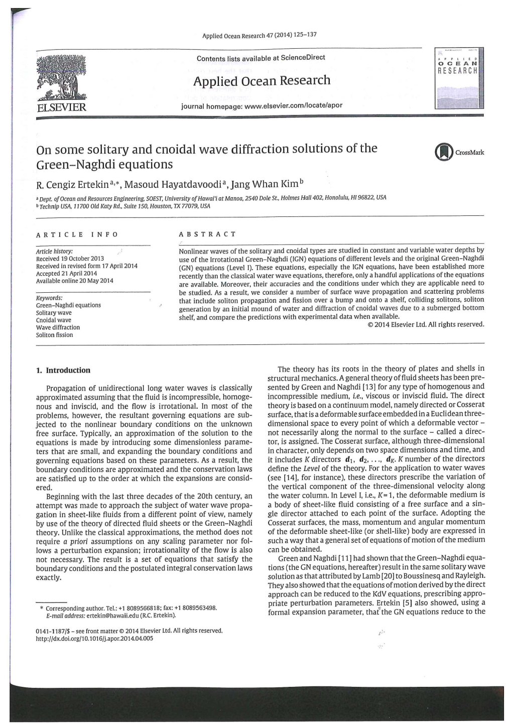 Applied Ocean Research on Some Solitary and Cnoidal Wave